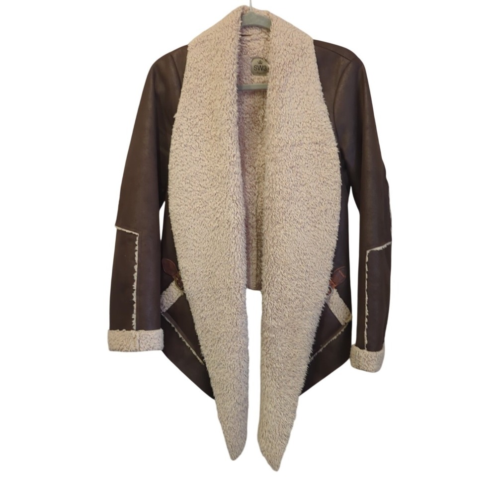 SW3 Bespoke Faux Shearling Suede Waterfall Jacket Shawl Collar Brown Draped S